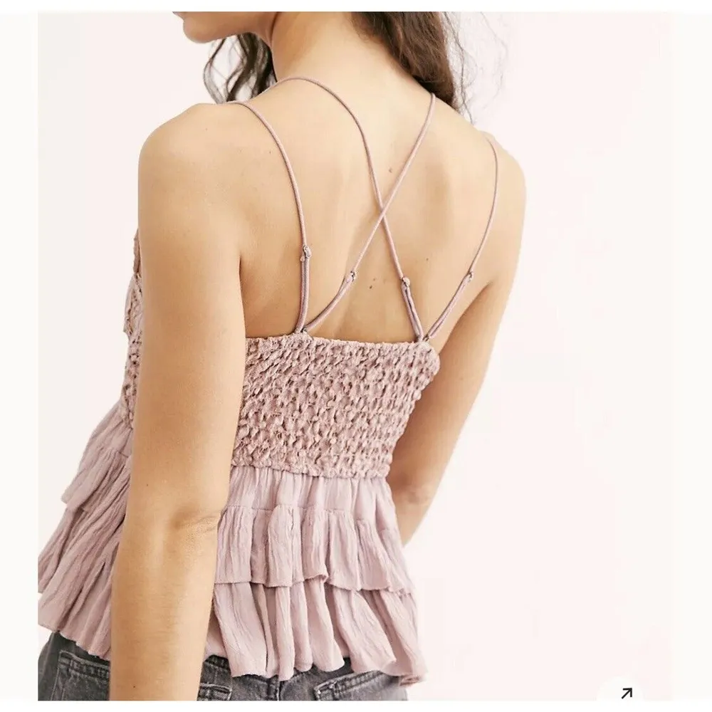 Free People Intimately Small Adella Cami Top Mauve Ruffled Crochet Lace Smocked - Image 5