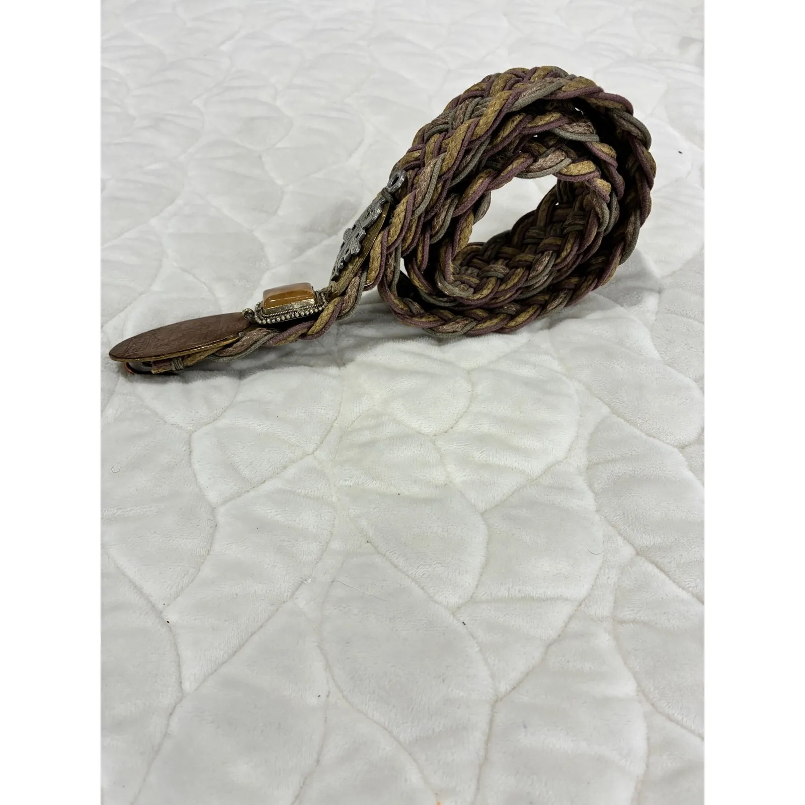 Vintage Braided‎ Woven Belt with Decorative Stones and Metal Accents Boho Style Brown - Image 6