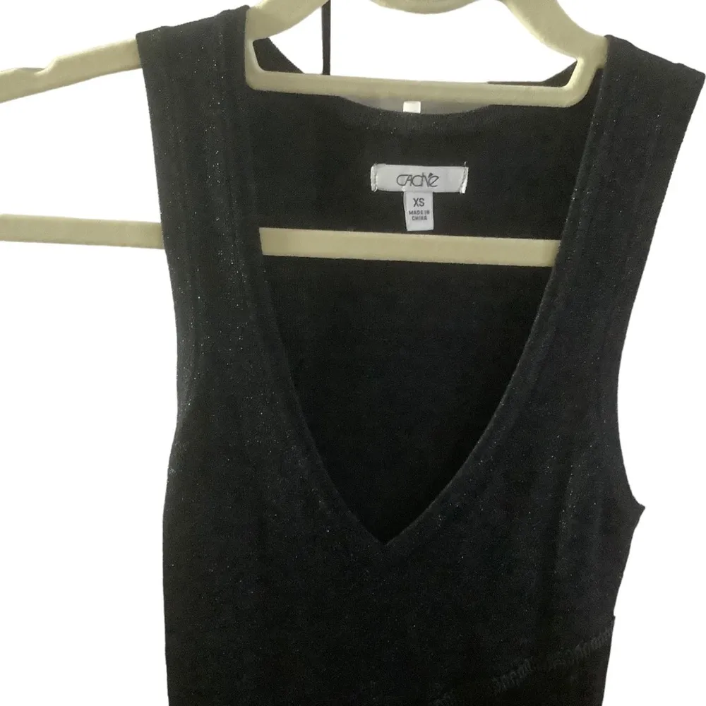 Vtg Cache black metallic fringe tank top sleeveless asymetrical hem tunic Sz XS - Image 6