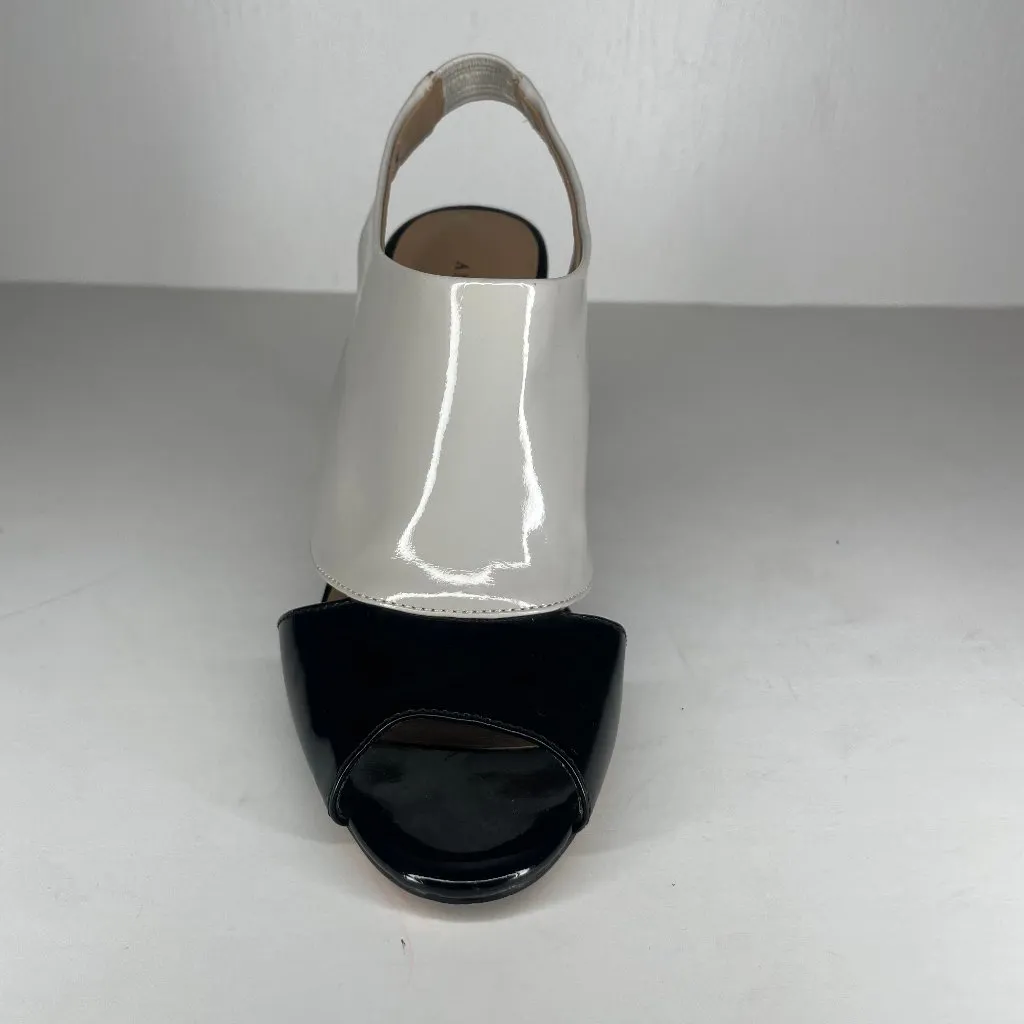 Taupe Black Patent Leather Spats Style Peep Toe Heels Sz 6M Occasion - Image 3