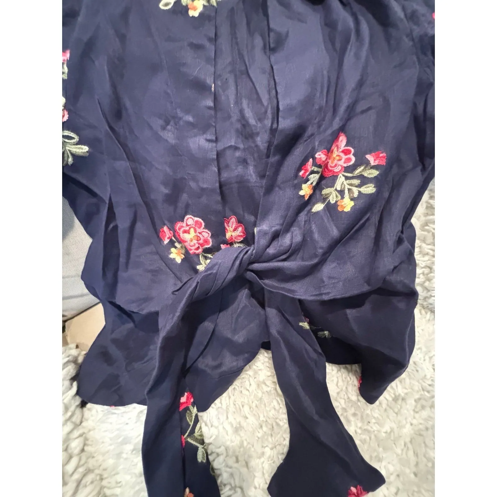 NEIMAN MARCUS Navy Blue Linen Tie Front No Button Embroidered Jacket L - Image 4