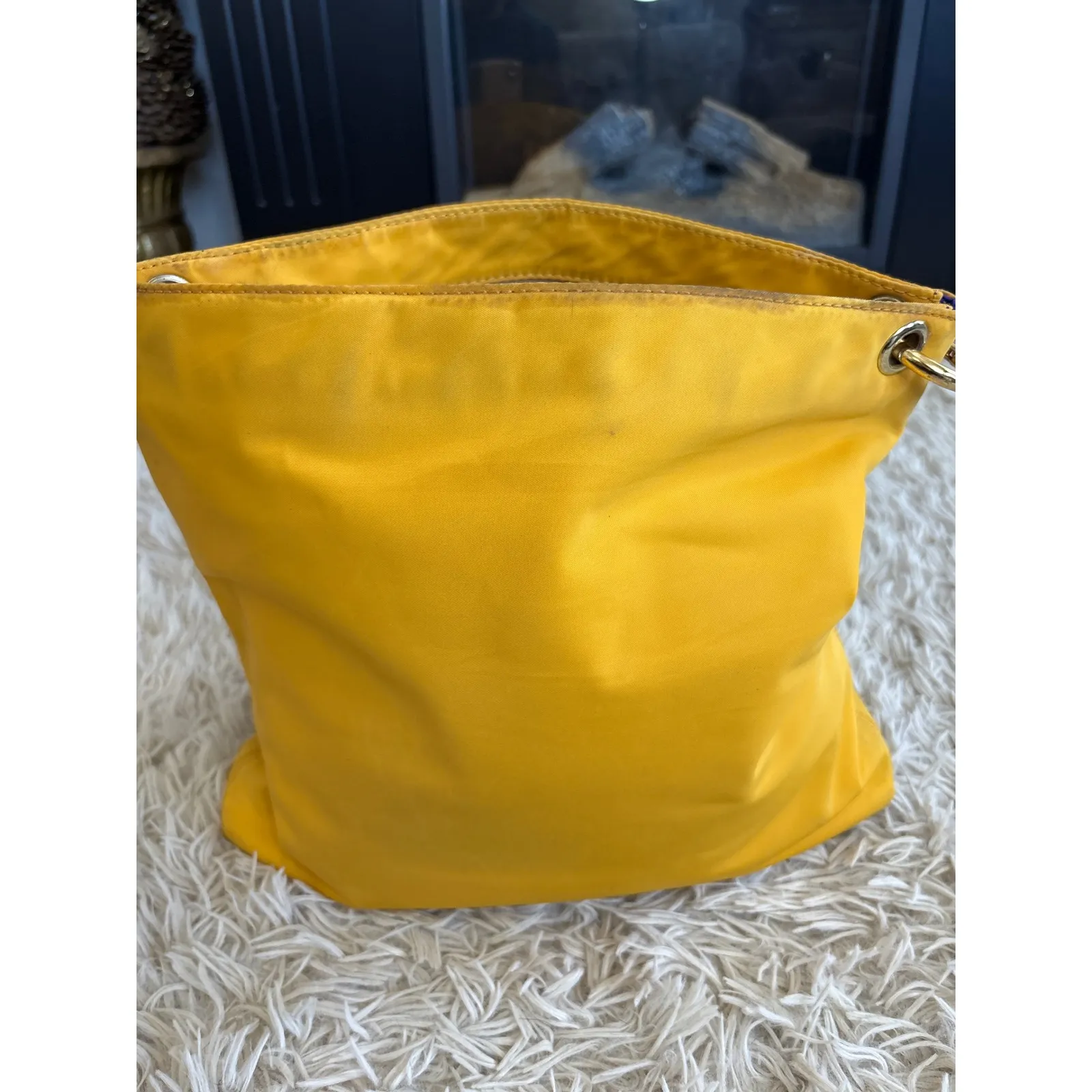 Henri Bendel Yellow Nylon Crossbody Bag with Tan Leather Accents and Lock Charm - Image 5