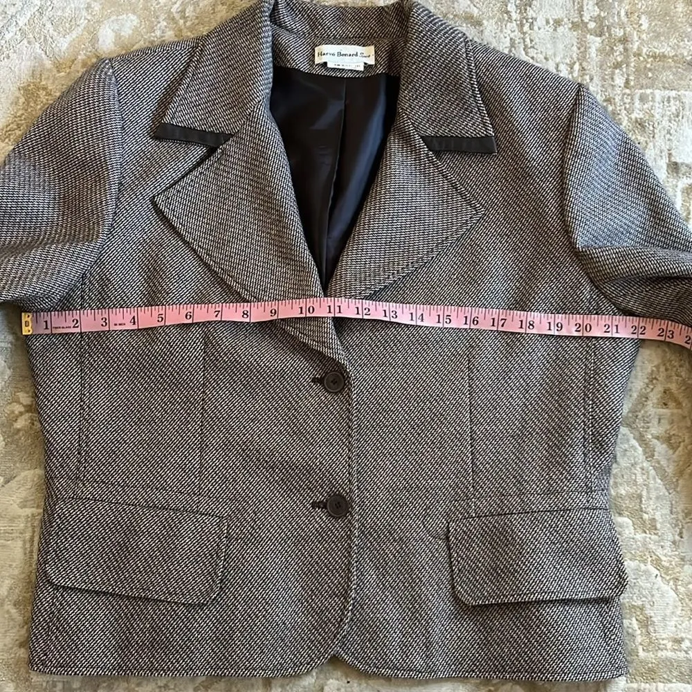 Vintage Harvé Benard Blazer L Herringbone Faux Leather Trim 90s Y2K Brown Size L - Image 7