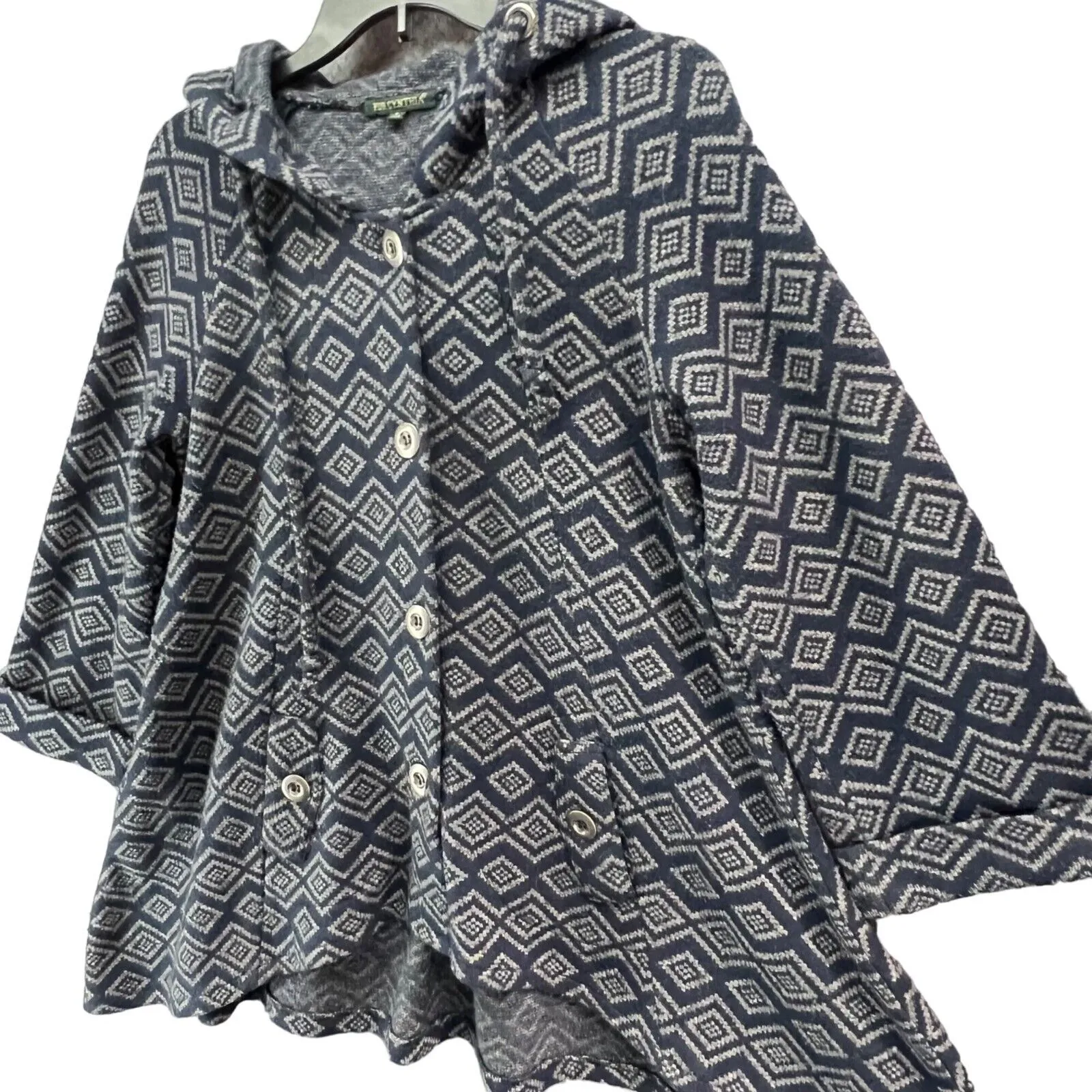 For Cynthia Hooded Jacket Womens S Blue Wool Blend Geometric Coat Boho Folklore - Image 3