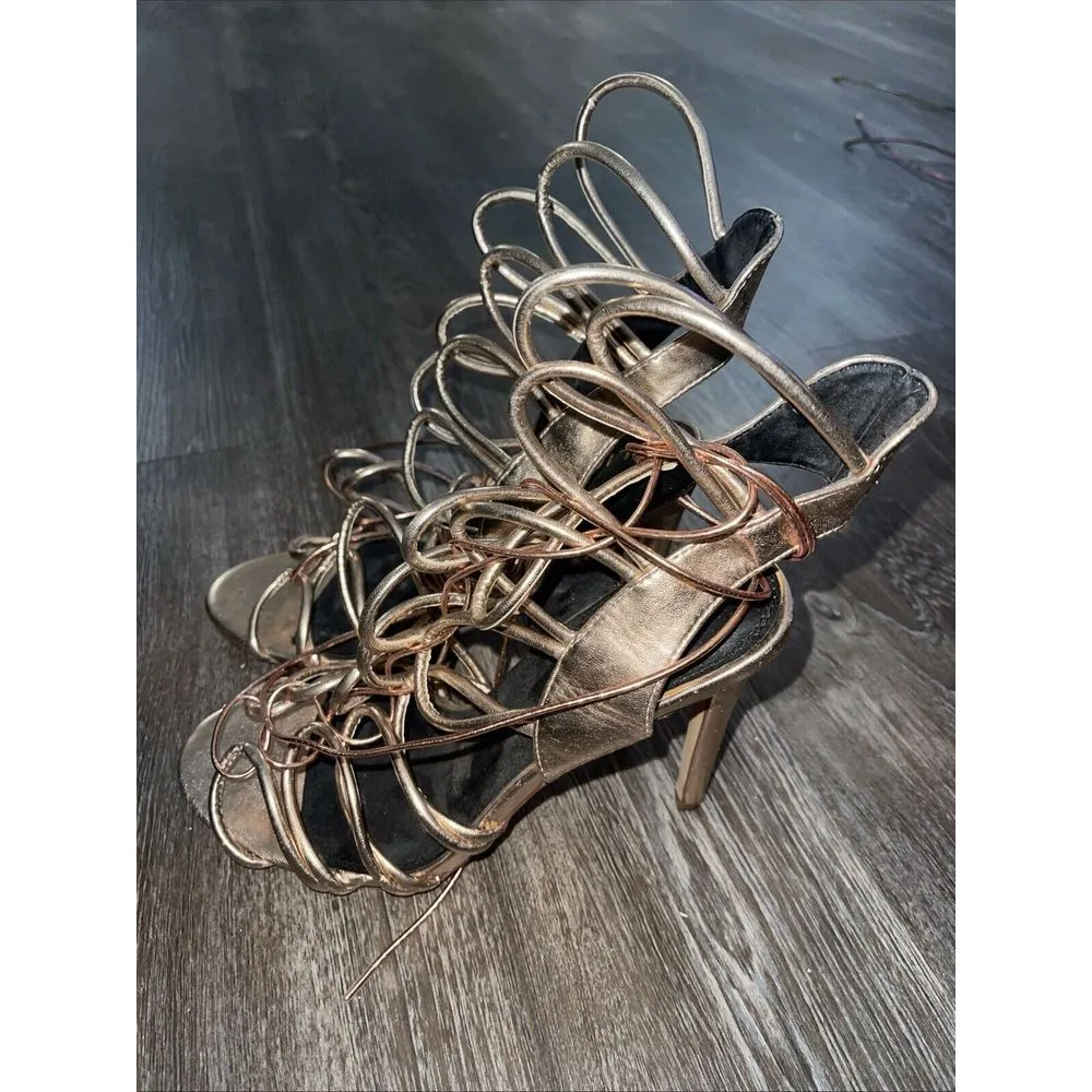 Liliana‎ Rose Gold  Patent Leather Ankle Strap Zip 4" Heel sz 8.5 S-87 - Image 4