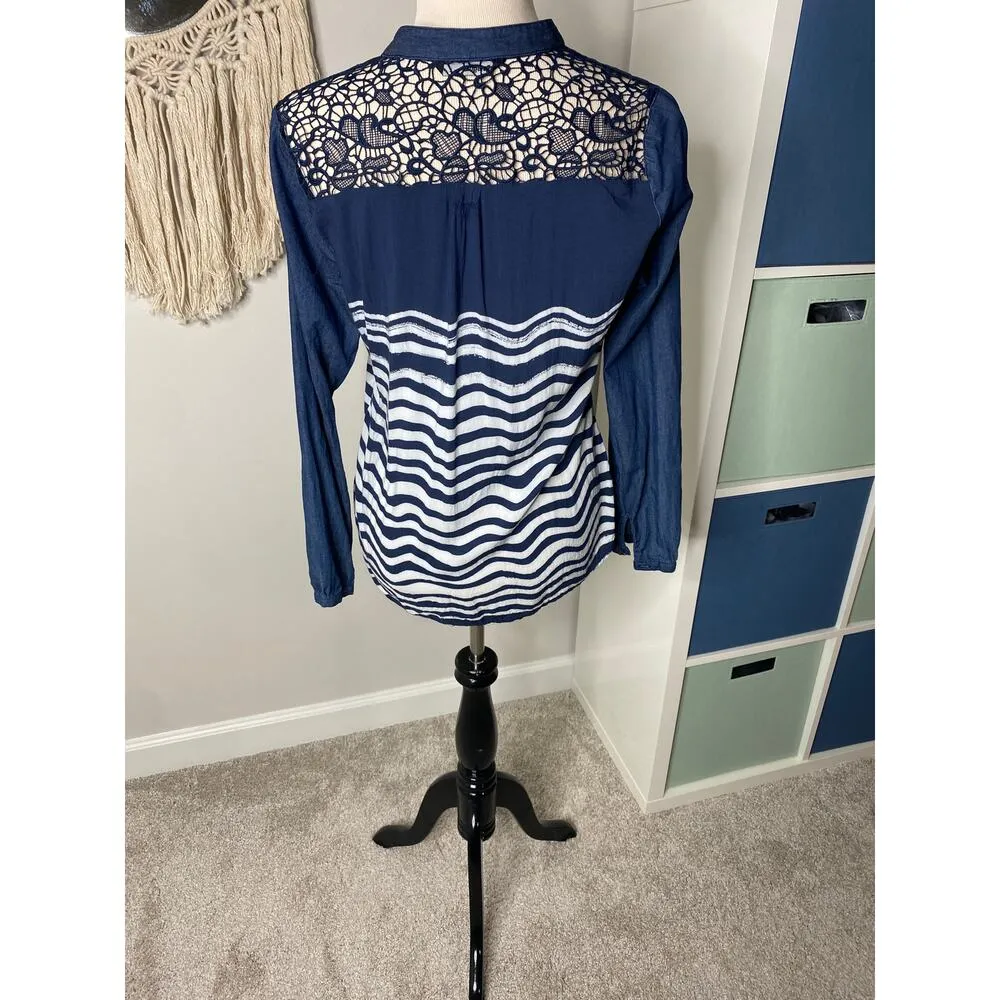 Desigual Blue White Stripe Nautical Sequin Floral Wearable Art Henley Top Large - Image 4