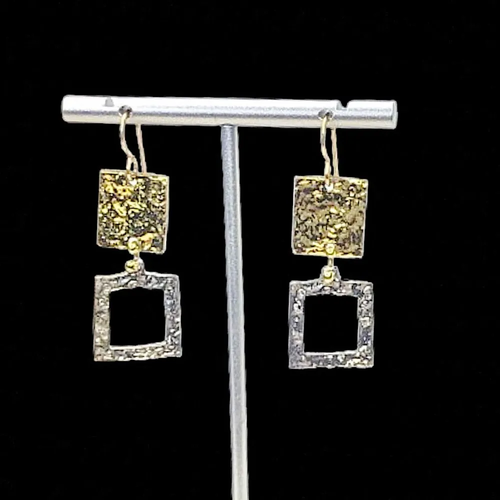 HAMMERED Two Tone Square Earrings and Bracelet Set Gold - Image 2