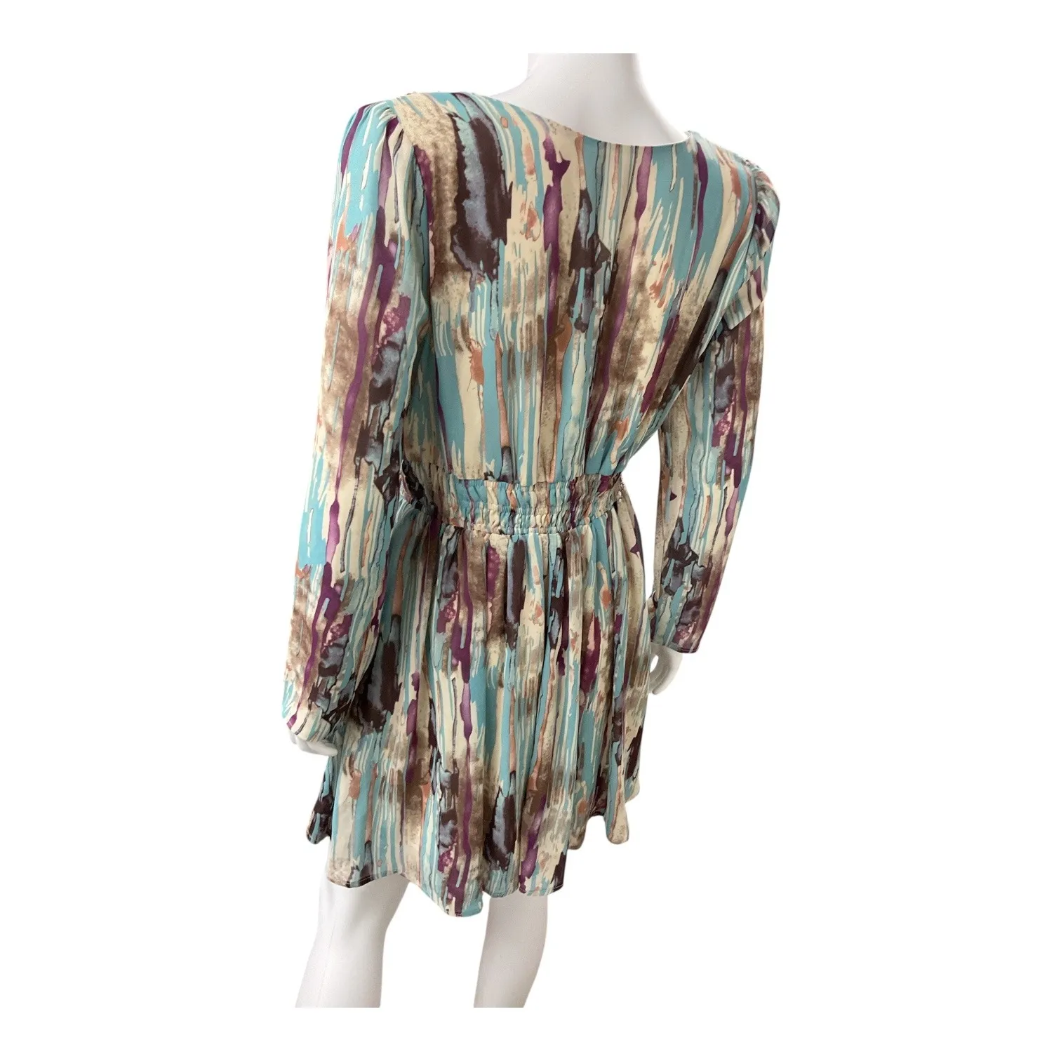 Abstract Print Long Sleeve Dress, V-Neck Smocked Waist Fit and Flare - Image 5