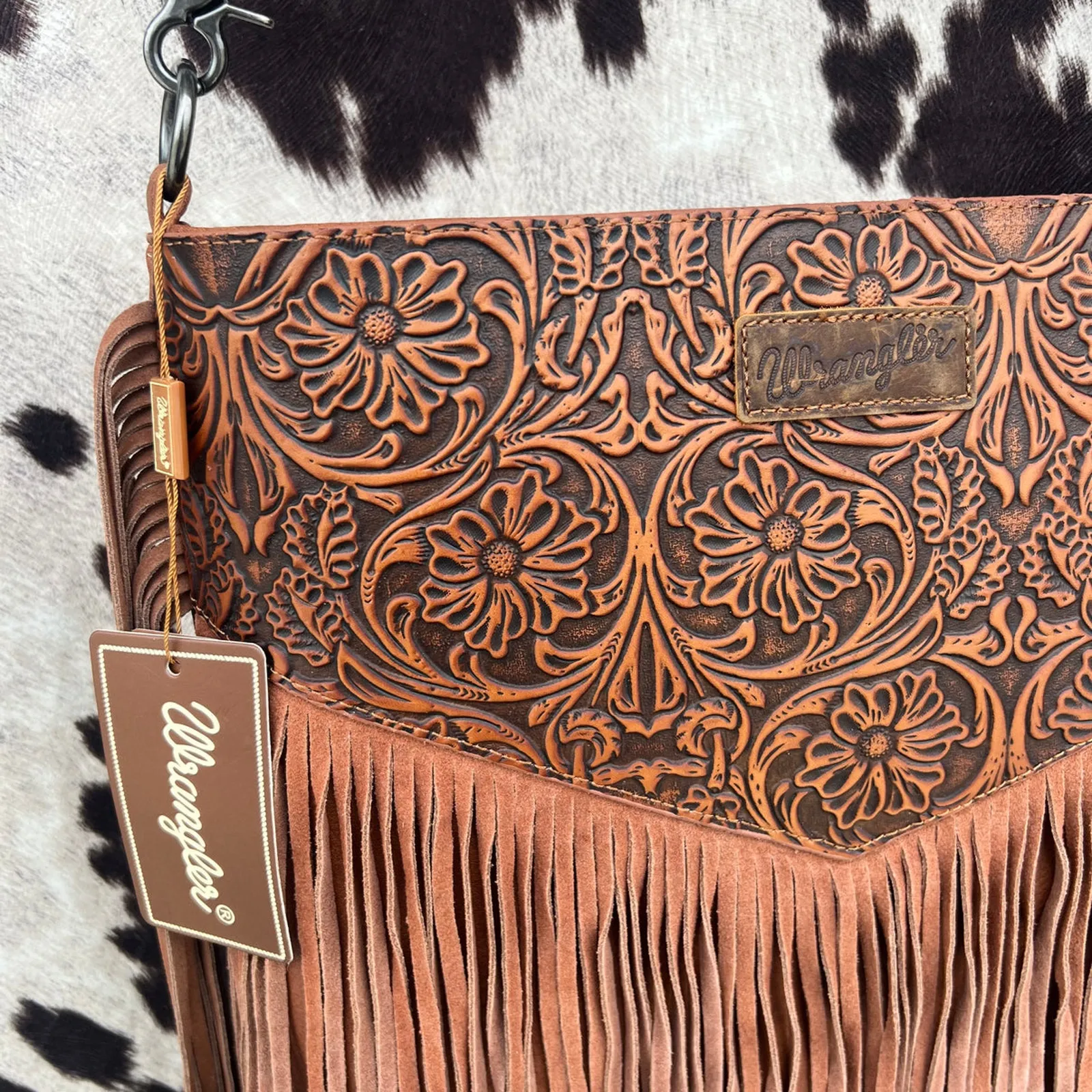 Wrangler Tooled Leather Cross Body Brown Fringe LARGE NWT floral western purse - Image 4