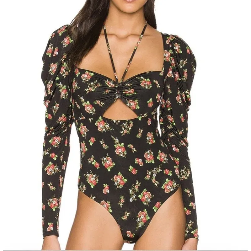 AFRM Coppelia Halter Neck Thong Bodysuit Noir Rose Garden Small Black - Image 2