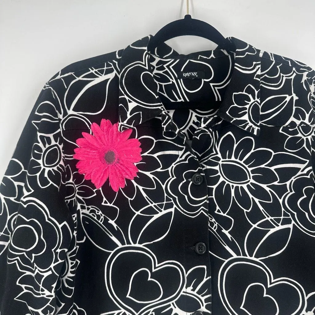 Krazy Kat Y2K Geometric Floral Appliqué Black/White Button Down Jacket Size‎ L - Image 4