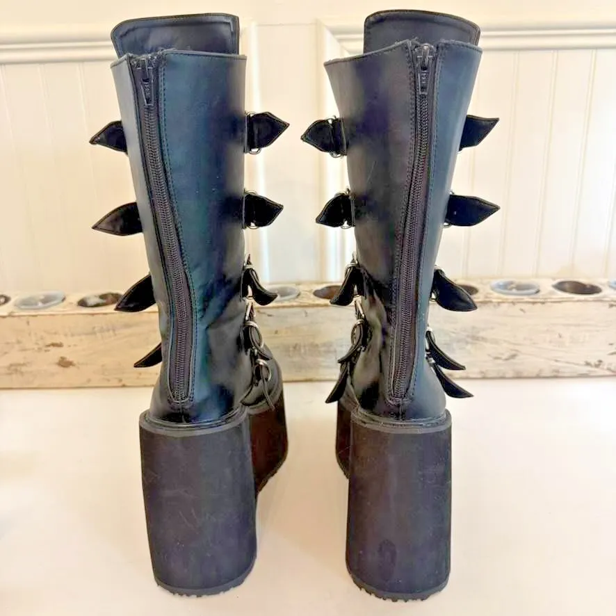 DEMONIA SWING-230 Women's‎ Wedge Platform Goth Buckle Strap Black Mid Calf Boots - Image 3