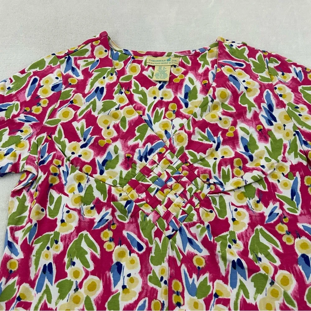 Caribbean Joe Floral Short Sleeve Diamond Weave Summer Blouse Top Shirt Women S - Image 3