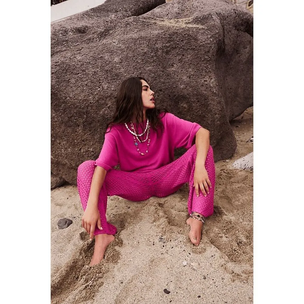 Free People Beach Sola Fiji Hot Pink Open Knit Wide Leg Pants Medium NWOT - Image 12