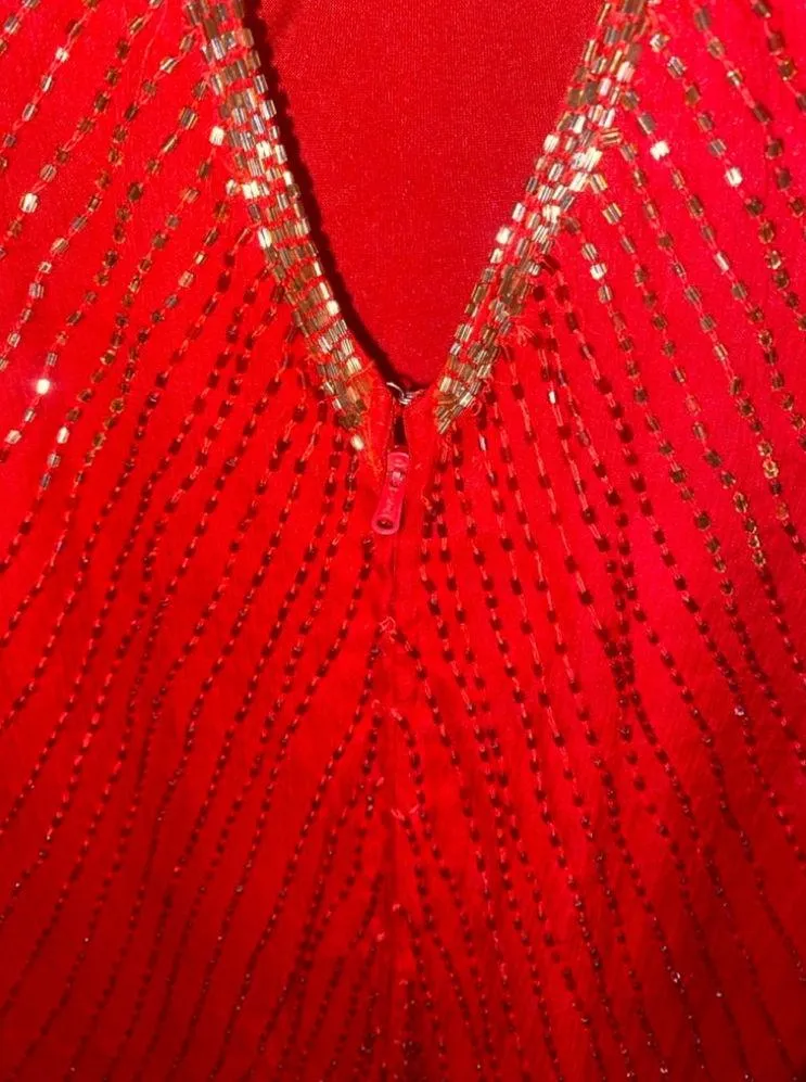 Women's Vintage STENAY Red Long Sleeve Silk Beaded Dress Size L Size L - Image 5