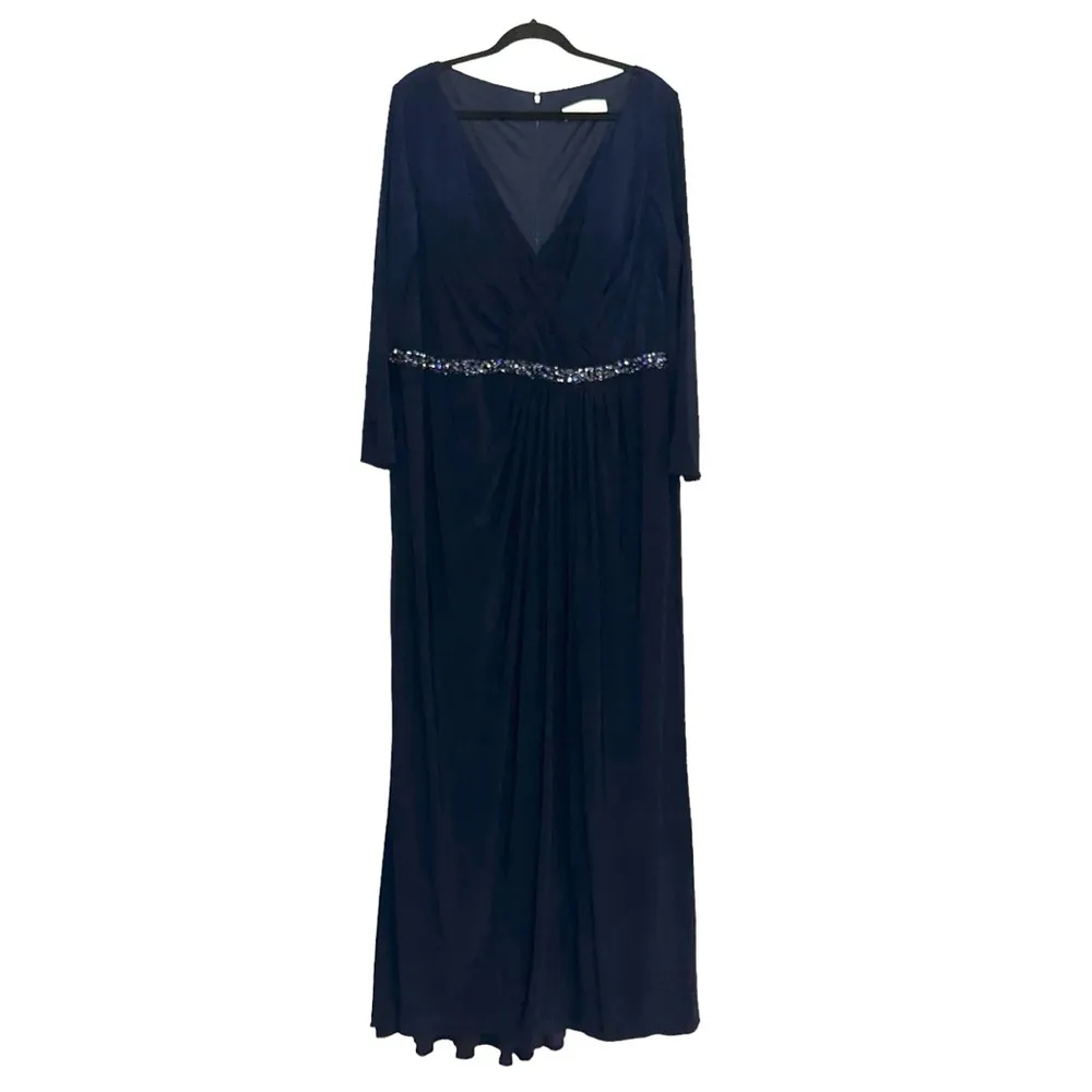 NWOT Mac Duggal Beaded Belt Long Sleeve V-Neck Navy Jersey Side Slit Gown 22W - Image 3