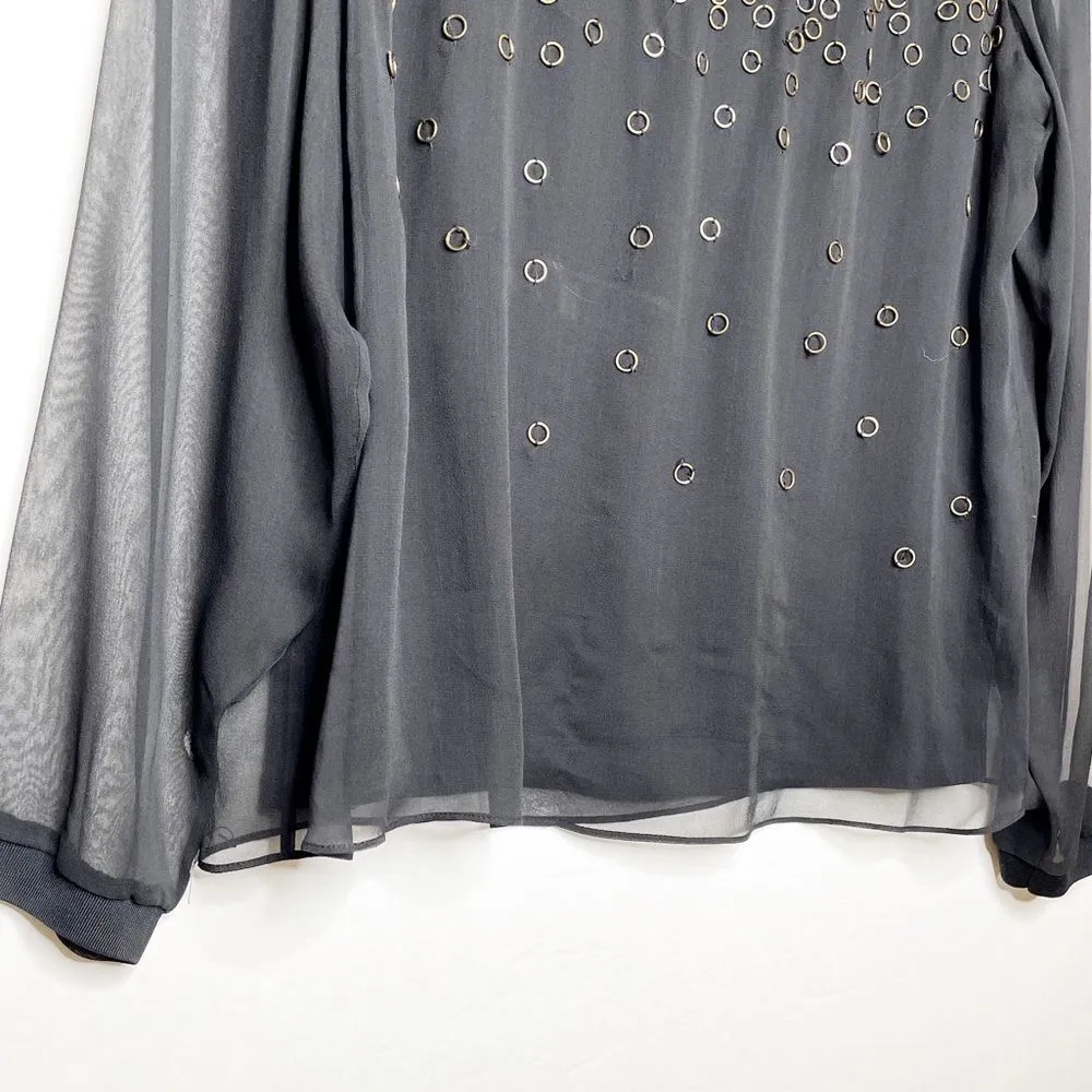 Per Se by Carlisle Ring Embellished Organza Sleeve Silk Blouse Black Size 12 - Image 3