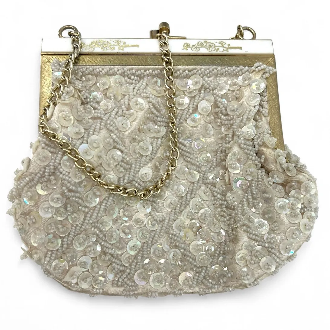 VINTAGE Bag Purse Clutch 1950s/60s vintage seed bead sequin Evening pearl White - Image 3