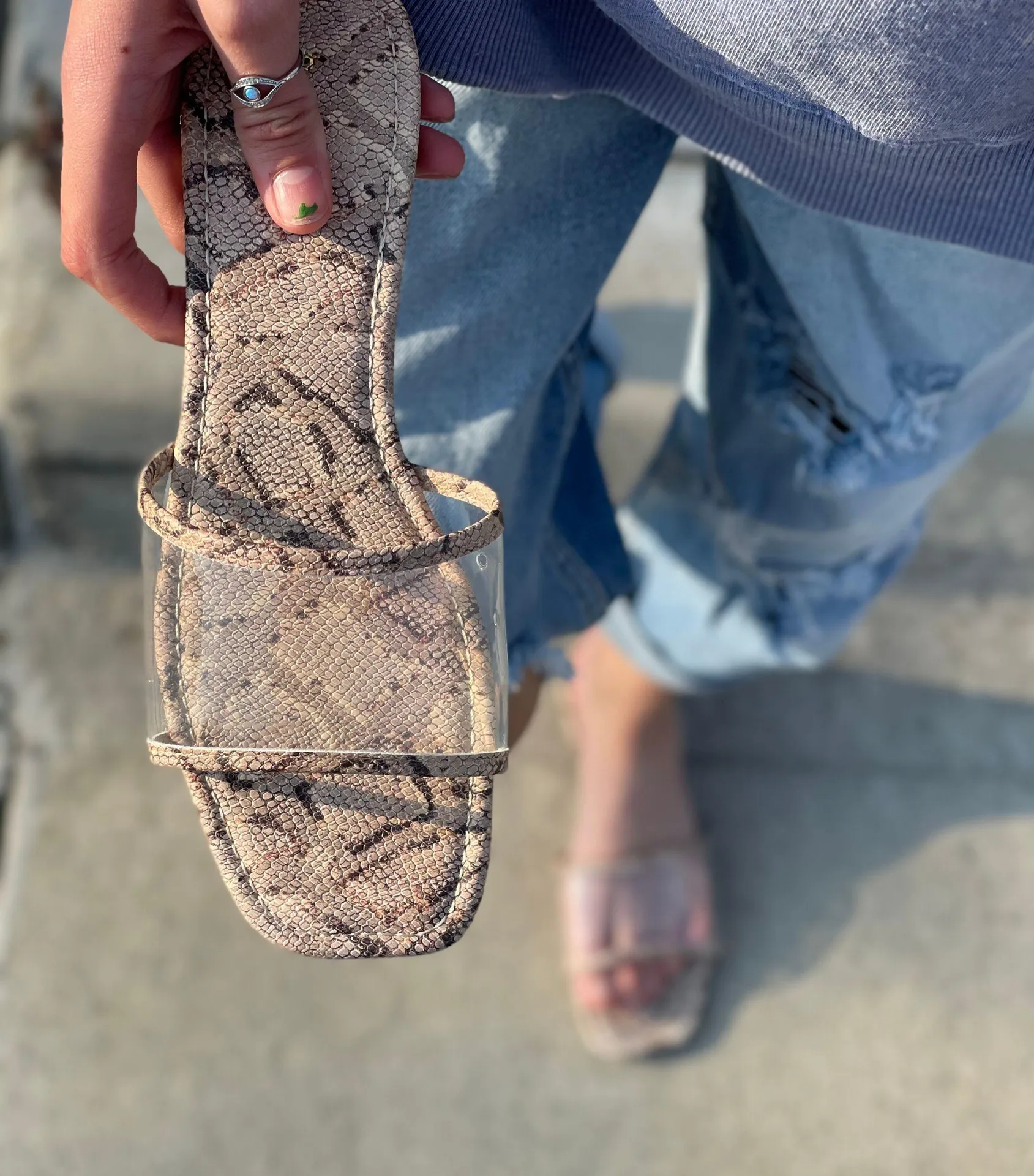Clear Strap Snakeskin Sandals Brown Size 9 - Image 6