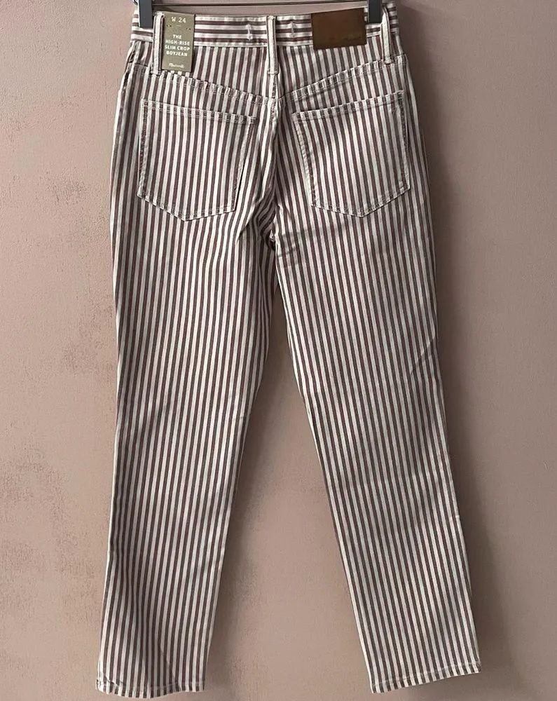 Madewell Red & Cream Striped “The High Rise Slim Crop BoyJean” Jeans Size 24 NWT - Image 11