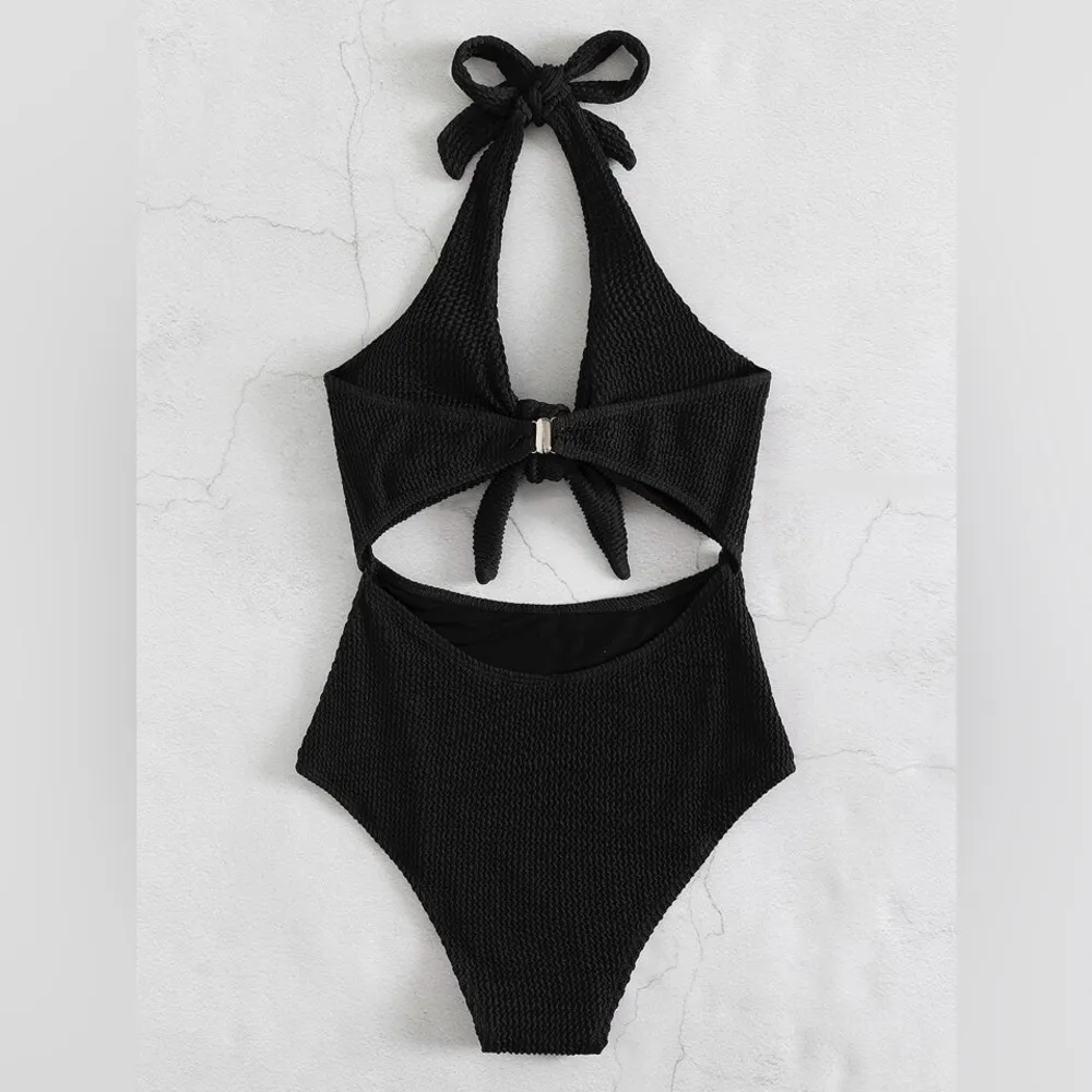 Black textured cut out halter one piece swimsuit - Image 5