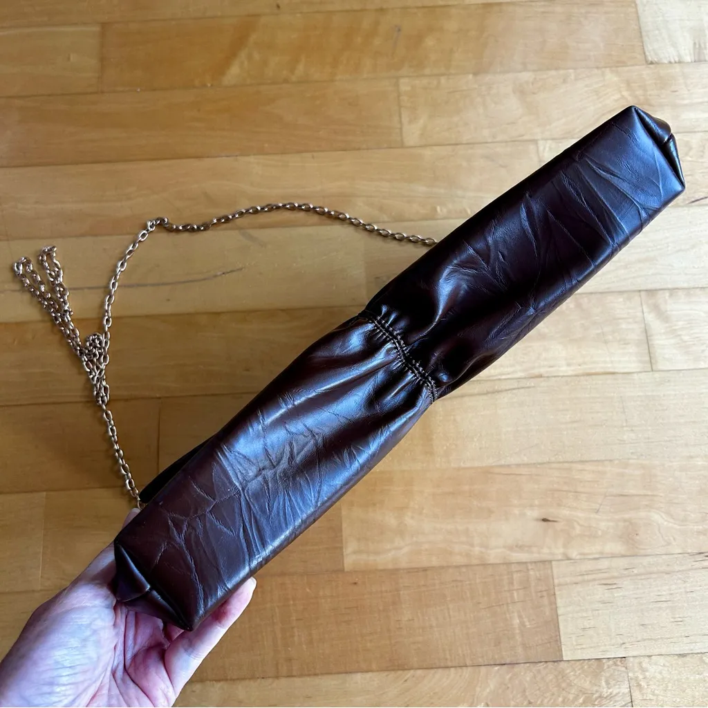 Anthropologie Vegan Leather Scrunched Envelope Convertible Clutch, Brown, Gold - Image 9