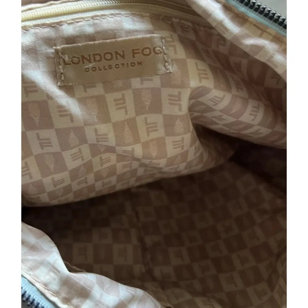 London Fog Travel Bag Houndstooth Brwn Barrel Duffle Leather Light Blue Bag - Image 12