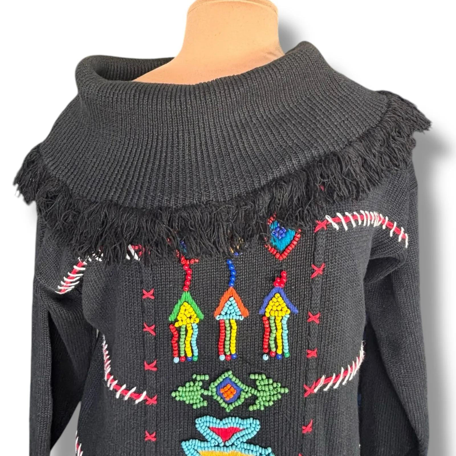 Vintage Victoria Jones Black Beaded Sweater Cowl Neck Fringe Boho Southwest Knit Size M - Image 3