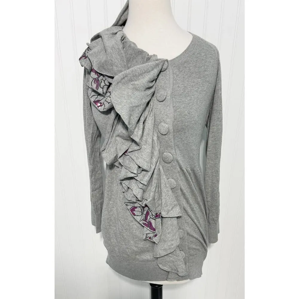 Anthropologie Moth Winter Lei Long Ruffle‎ Button Up Wool Cardigan Gray Medium Gray - Image 9