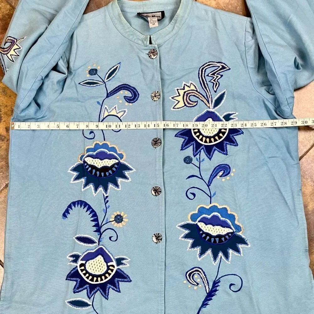 Indigo Moon Floral Button Up Long Jacket 3X Blue - Image 16