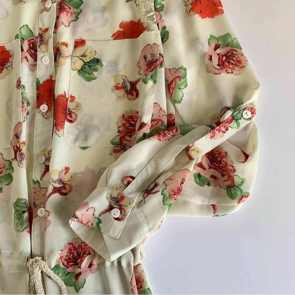 Miss Me Y2K Cream Floral Lightweight Boho Summer Tunic Blouse Top Small - Image 3