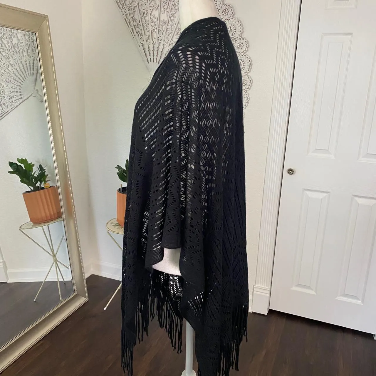Whimsygoth Asymmetric Black Soft Fringe Long Open Front Poncho Shawl Top OS Size undefined - Image 5