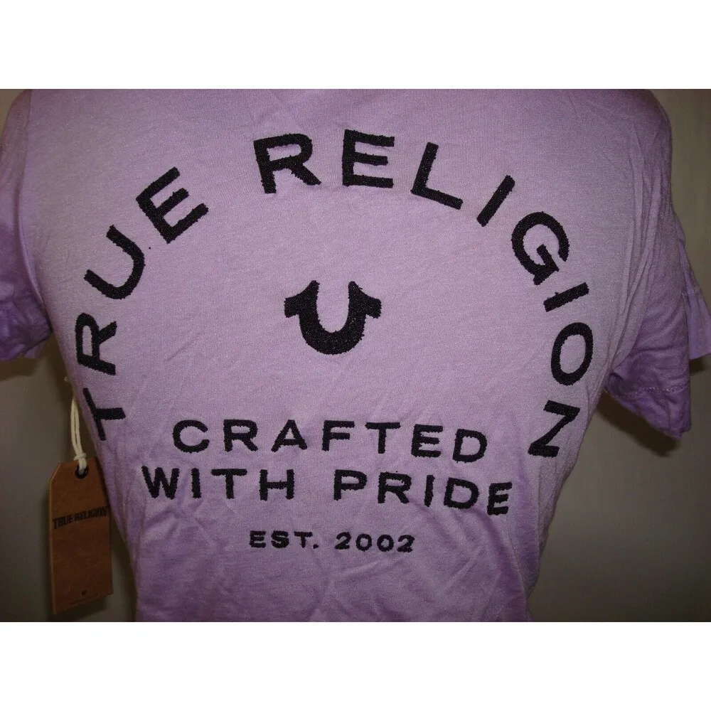 New Womens Designer True Religion Jeans Beaded Purple Lavender Top S Logo SS USA - Image 3