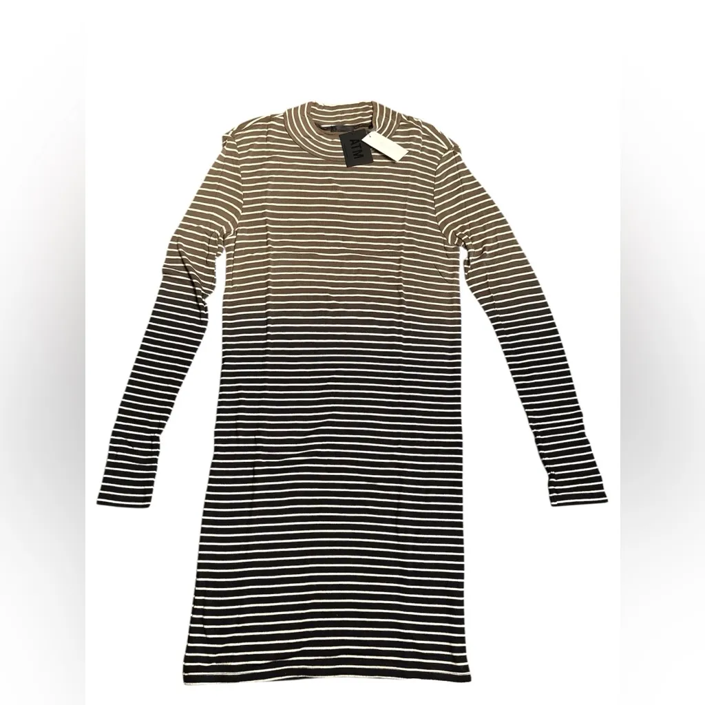 ATM women Stripe Knit Dress stretch long sleeve olive green Black cream Sz L NWT Size L - Image 3