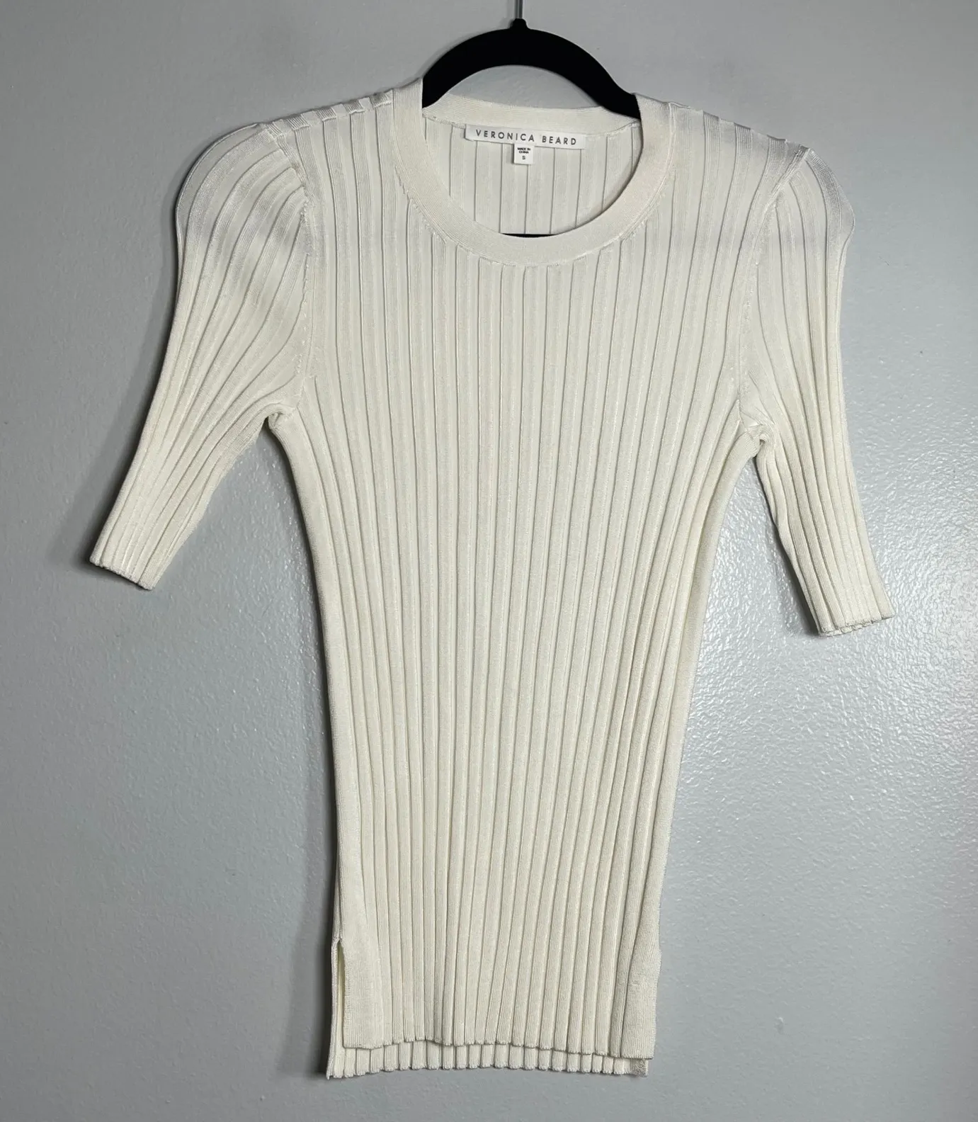 VERONICA BEARD Ribbed Knit Sweater Small Off White Stretch Designer Minimalist - Image 1