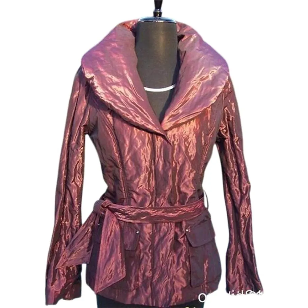 Cache Berry Metallic Sheen Jacket Lined Belt Puffer Exaggerated Collar NWT $238 Red Size M - Image 9