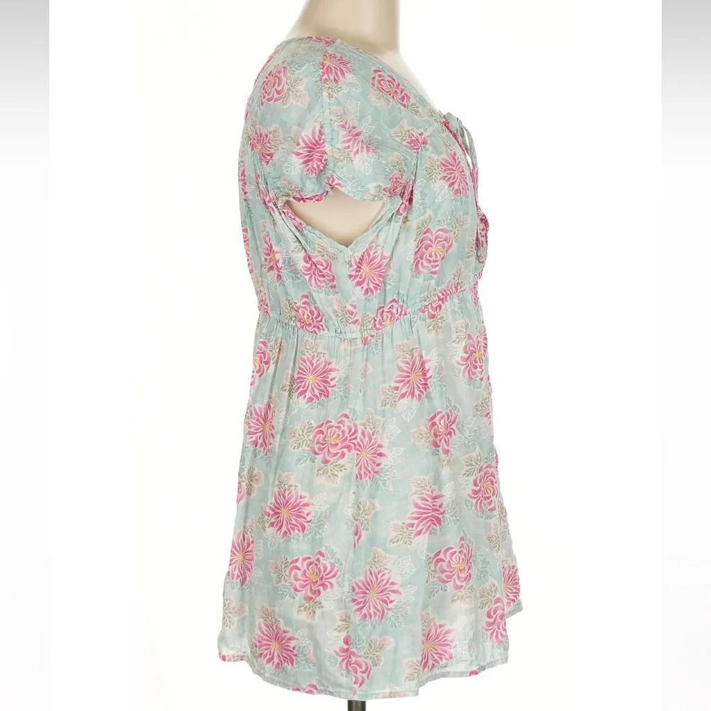 Vintage Free People Retro Pastel Floral Tie Front Cotton Blouse Pink Teal Size M - Image 2