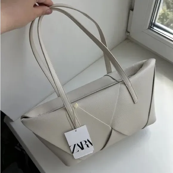 Zara NWT ivory off white woven shoulder purse bag elongated design - Image 7