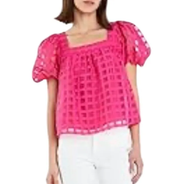 English Factory Hot Pink Fuchsia Windowpane Puff Sleeve Top Women Size‎ Large - Image 2