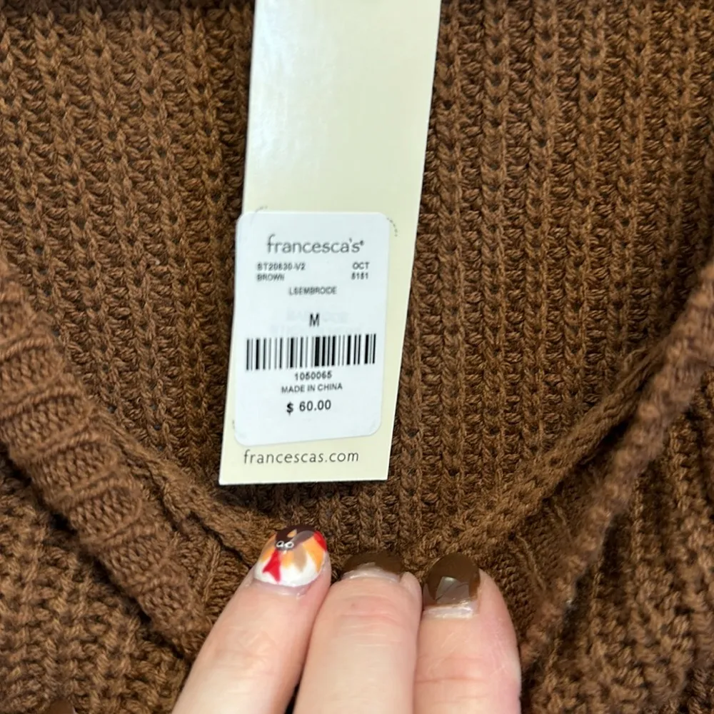Francesca’s brown boho crop style sweater w embroidered sleeves - Image 5