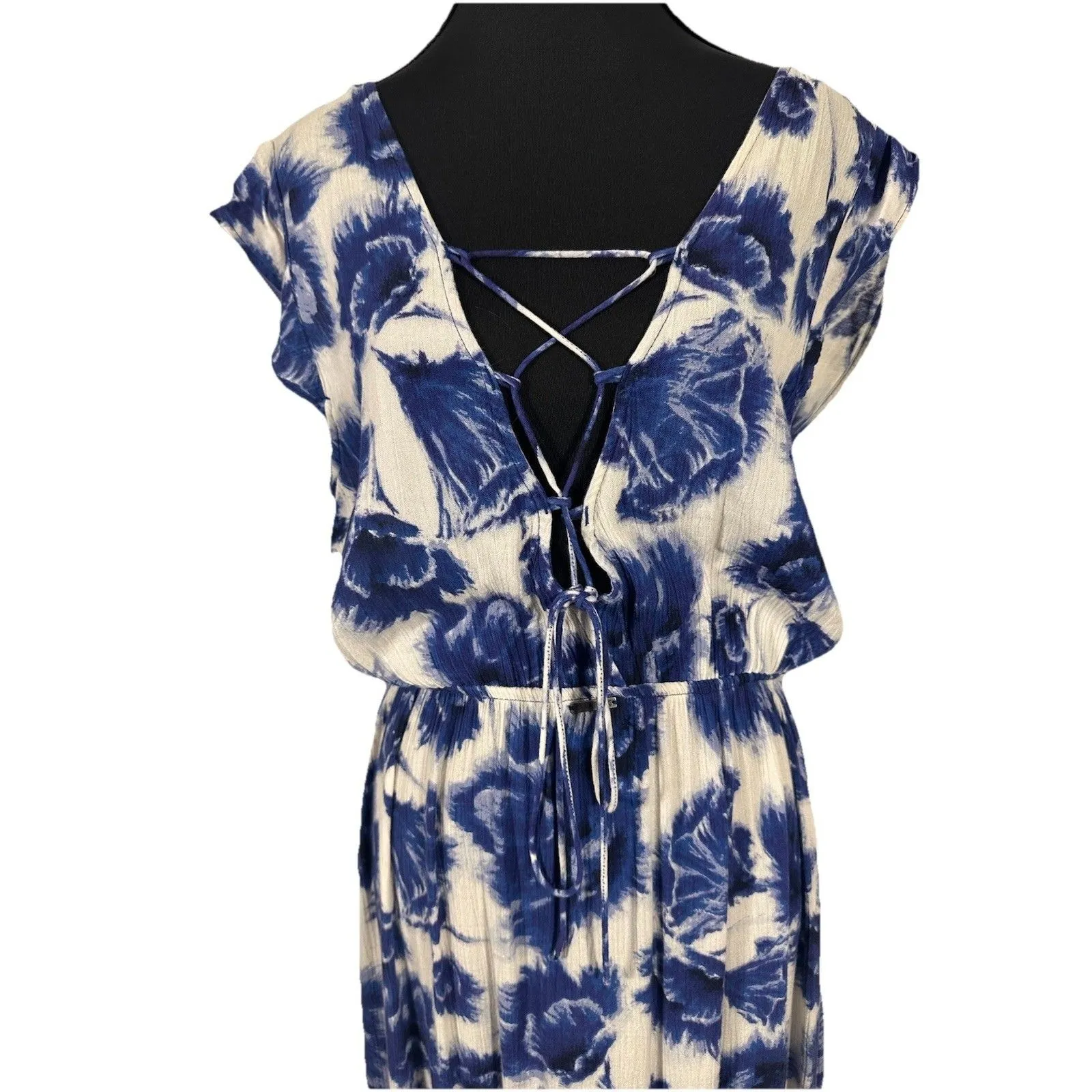 Billabong Don’t Mess Dress Beach Boho Dress Sz L Blue Floral Low Front Lace Back - Image 5