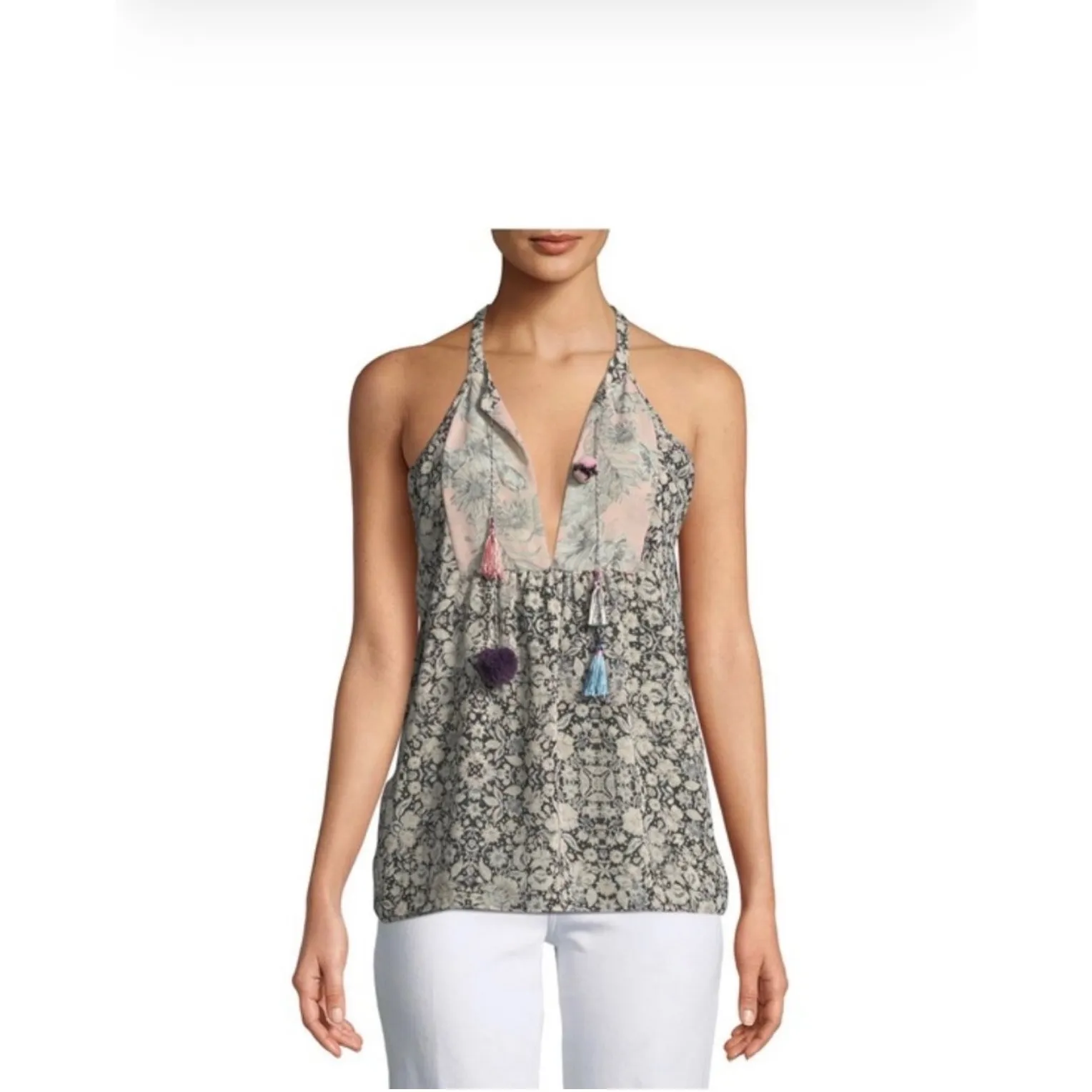 MISA Los Angeles Floral Print Sleeveless V Neck Tassels Top Size L - Image 9
