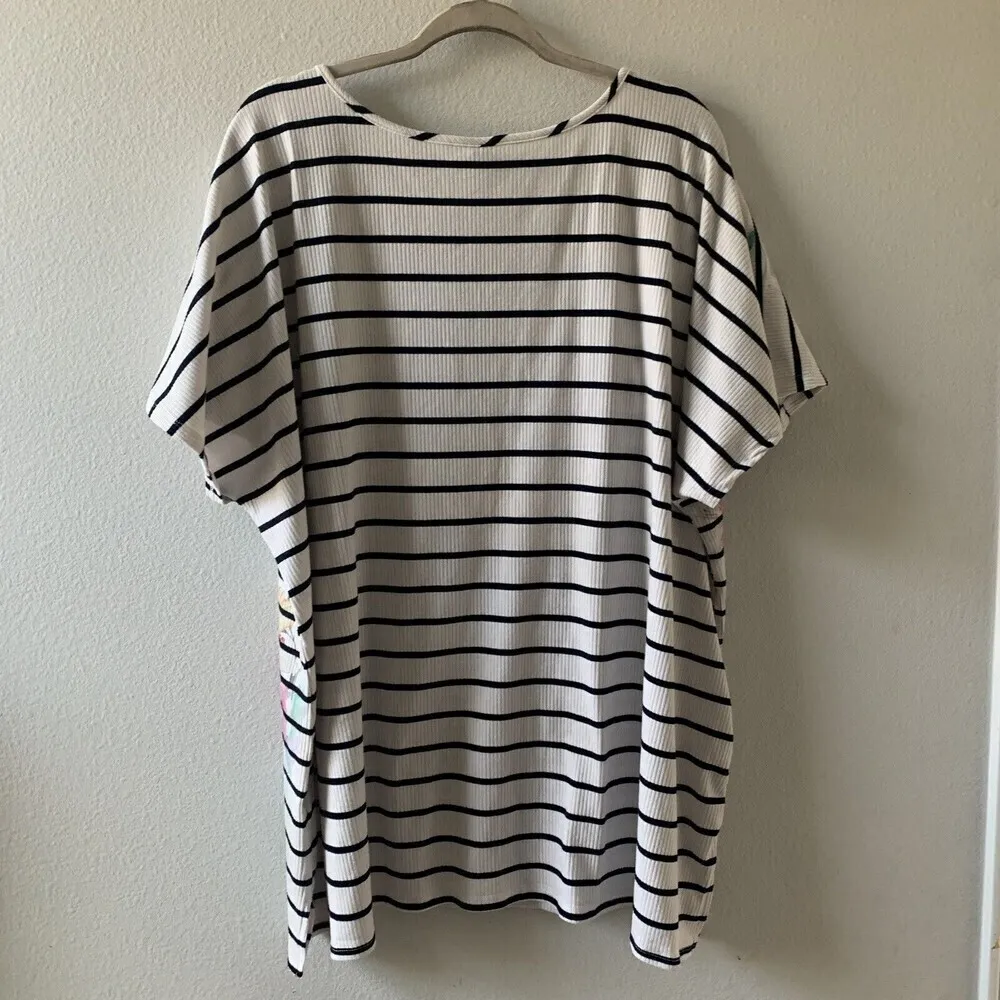 Avenue Womens Plus Size 30/32 Multicolor Stripe Floral Print Ribbed Blouse Top - Image 3