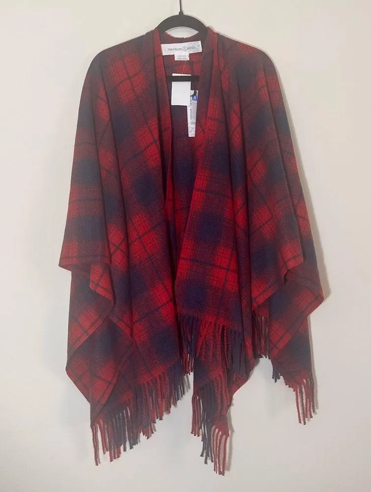 Treasure & bond fringe plaid blanket wrap Shawl poncho one size NWT - Image 4