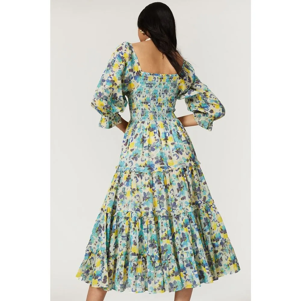 LoveShackFancy Blue Capri Floral Print Smocked Square Neck Midi Dress Size XS - Image 3