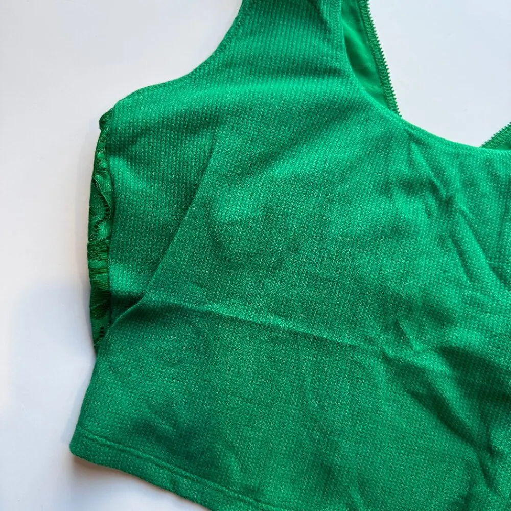 NWT  Waffle Knit Lace V Back Longline Bralette Bra Green Size Medium M NEW - Image 3