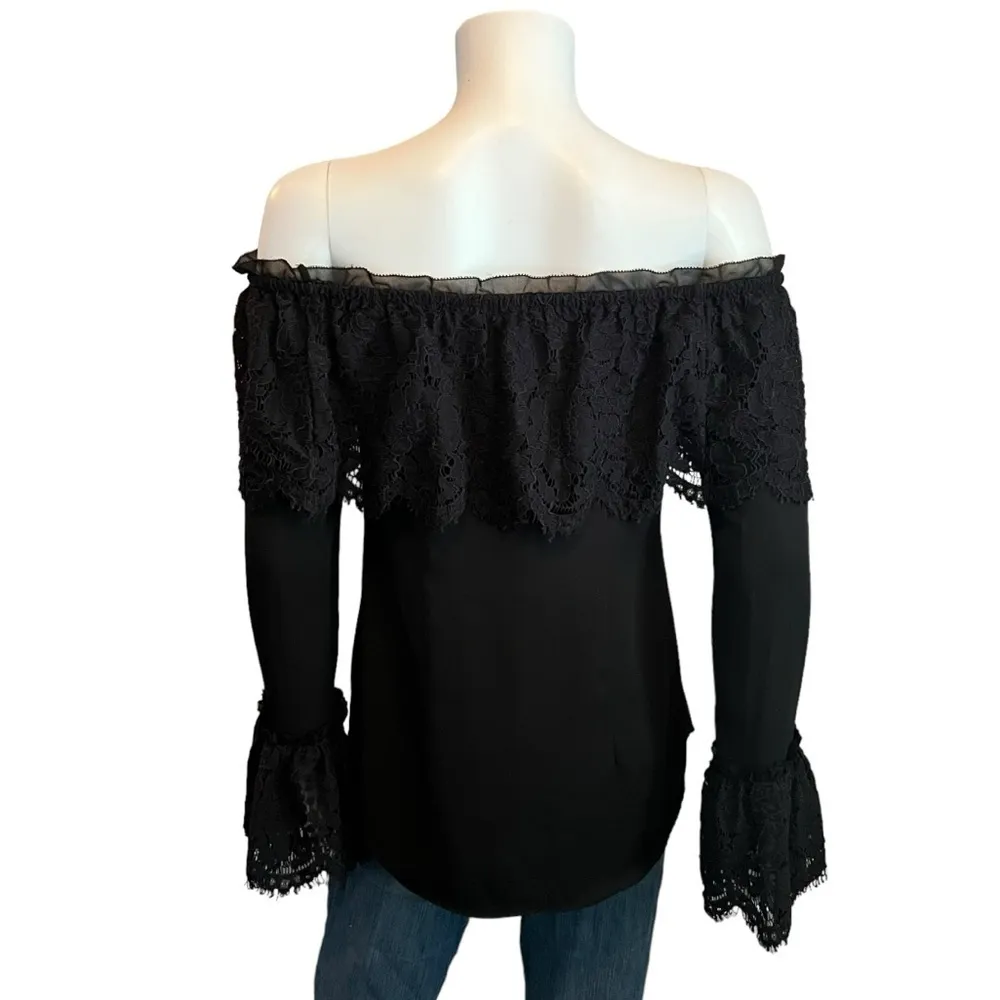 White House Black Market Black Lace Off Shoulder Boho Whimsygoth Top Small - Image 6