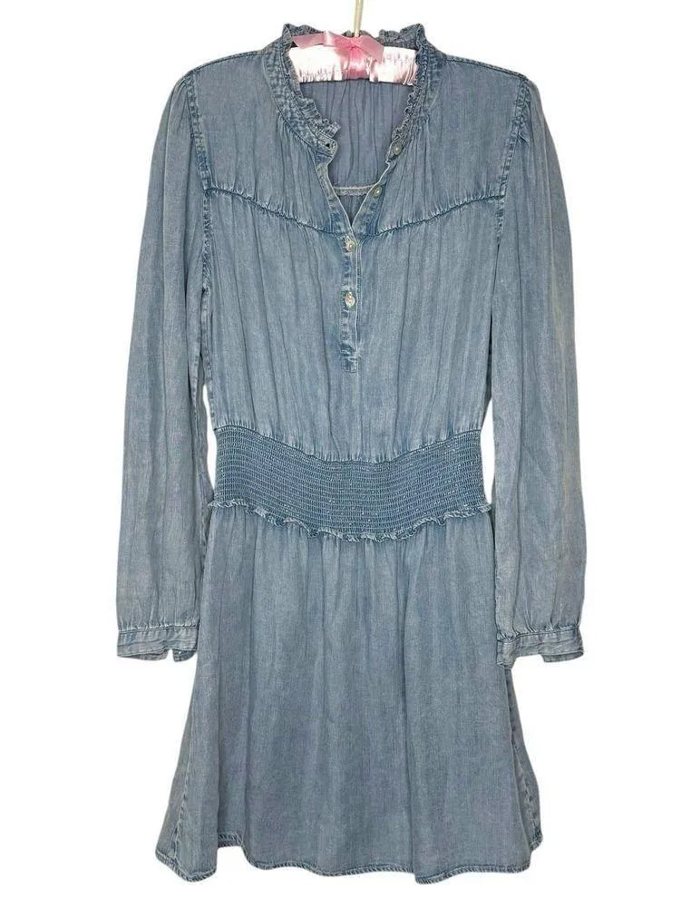 Rails Shawna Mini Dress XS Blouson Smocked Waist Long Sleeve Chambray Denim $290 - Image 1