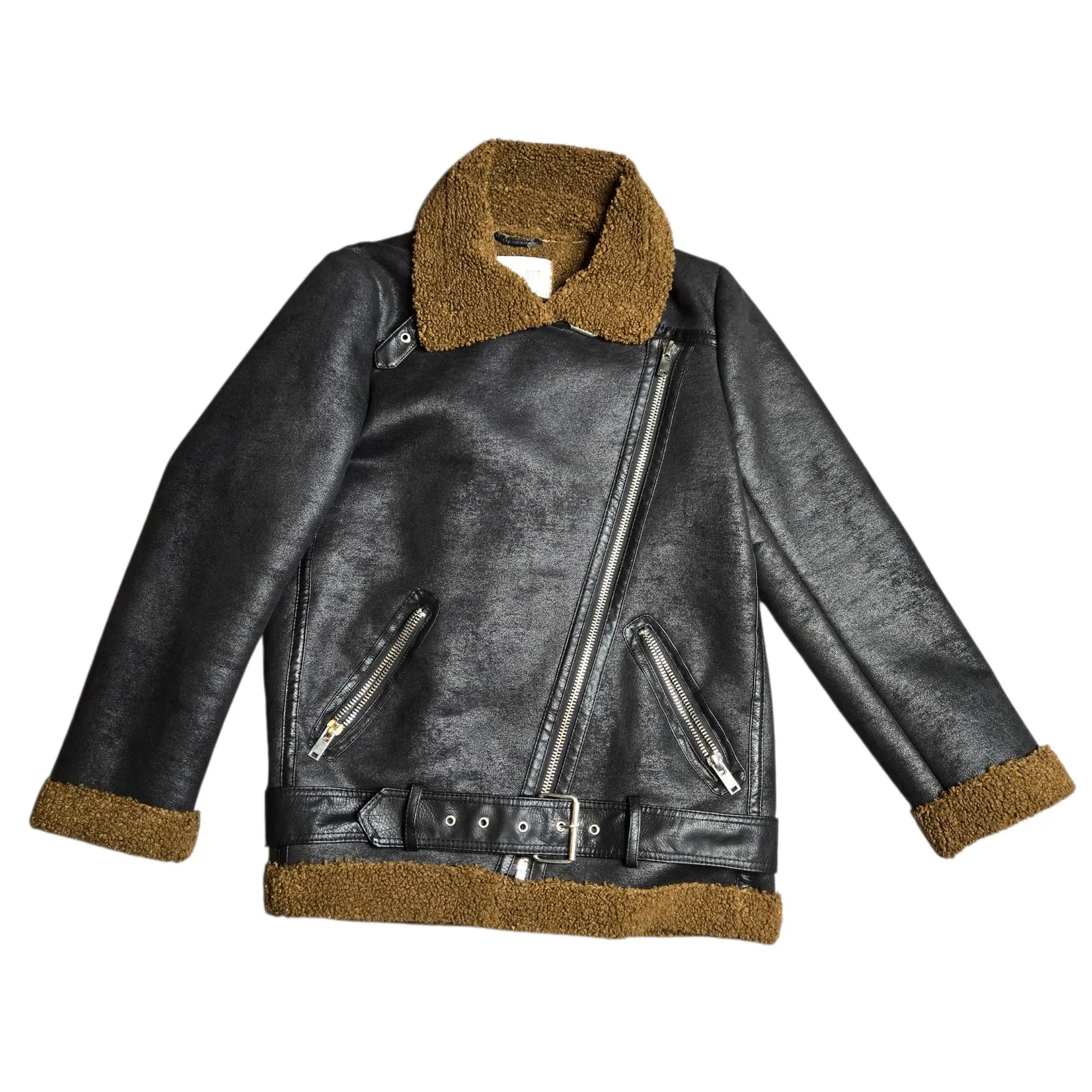 ZARA Woman Shearling Moto Black Jacket Size: XS - Image 2