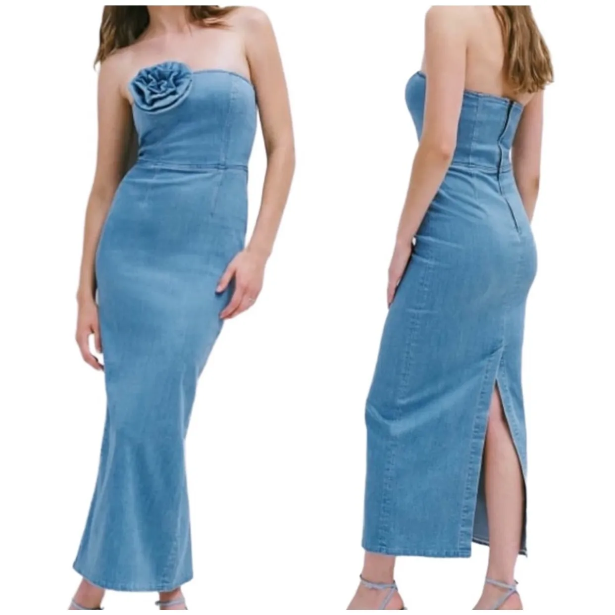 NWT Torn by Ronny Kobo Renee Strapless Denim Midi Dress Blue Size Medium - Image 2